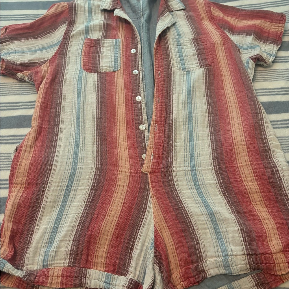 Earthbound shorts romper. Lined, very soft. Light colors with red accent.